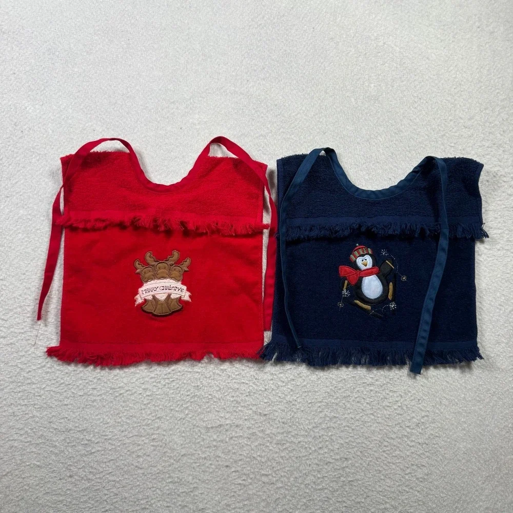 Unbranded‎ Christmas Bibs Baby OS Red Navy Good Reindeer Penguin Fringe Set of 2